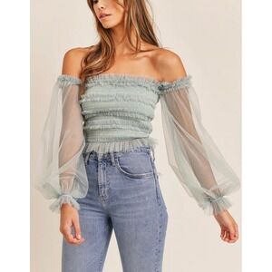 MABLE Mint Green Tulle Ruched Smocked Off Shoulder Puff Sleeve Crop Top S